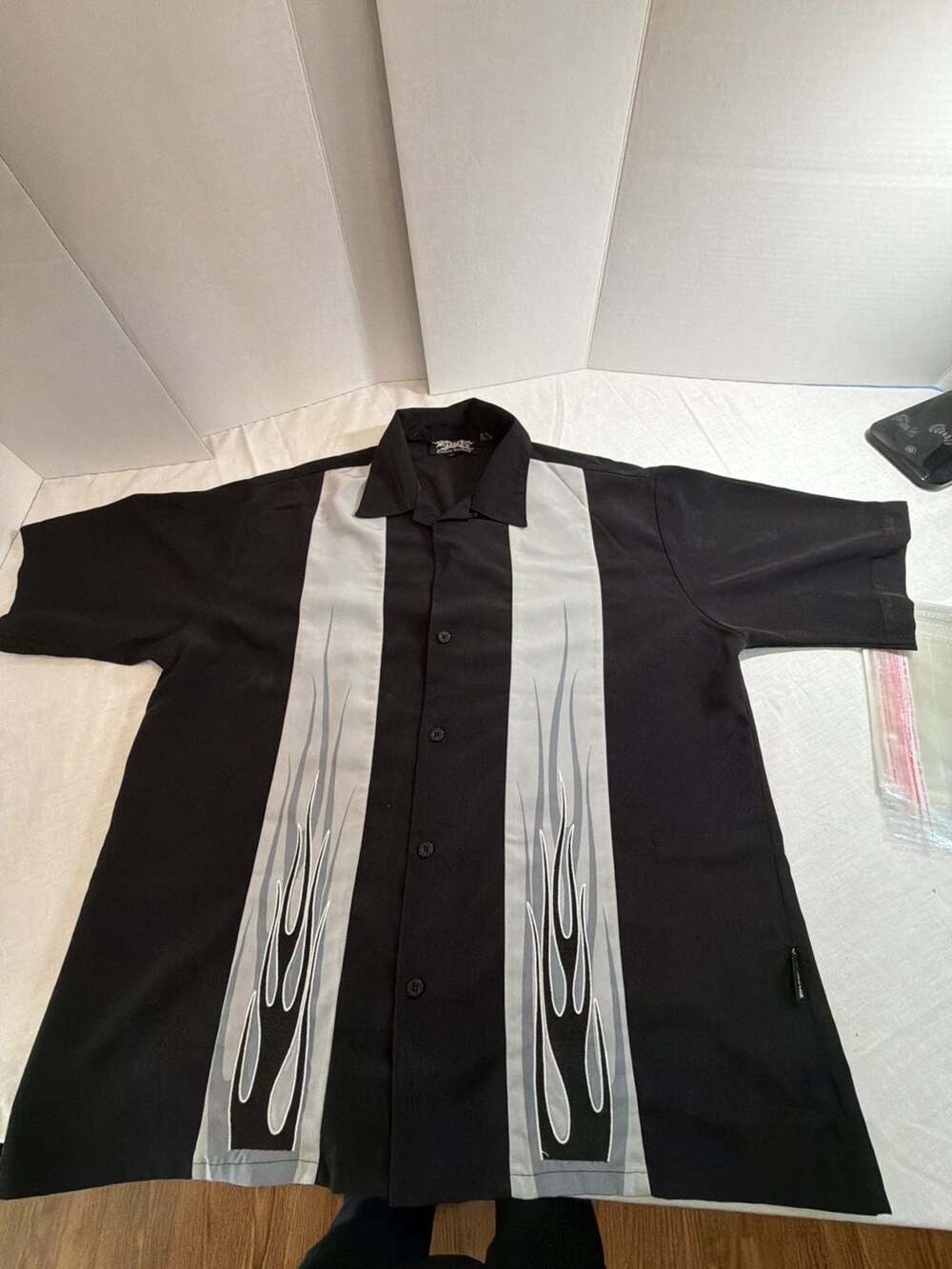Dragonfly Clothing Company Short Sleeve Flame Button Up Shirt Black Grey Size XL